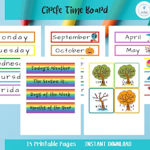 Circle Time, scheda meteo calendario, tema arcobaleno, stampabile per l'asilo nido prescolare pre-K Kindergarten Homeschool