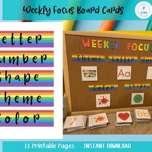 Quadro de foco semanal, letras de aprendizagem, cores, números, formas, tema arco-íris, pré-escola pré-escolar, creche em casa