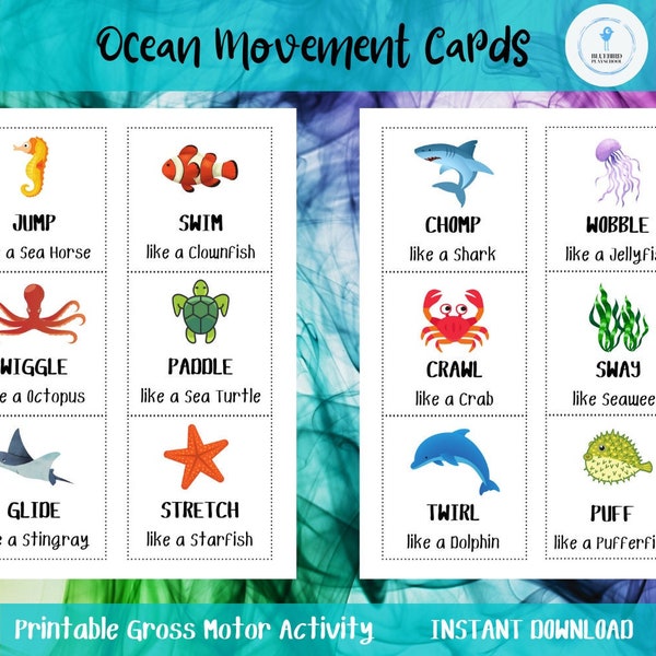 Ocean Theme Gross Motor Activity, 12 Movement Cards, Printable, Toddler Preschool Daycare Activity