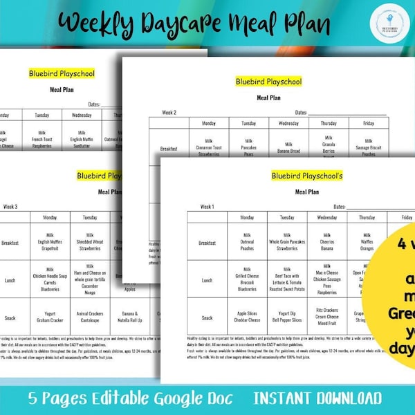 Daycare Weekly Menus, Editable, Child care Meal Plan, Customize, Meets CACFP Guidelines, Preschool Business, Google Doc, Instant Download