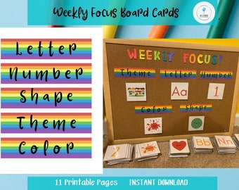 Weekly Focus Board, Learning Letters, Colors, Numbers, Shapes, Rainbow Theme, Preschool Pre- K Daycare Homeschool