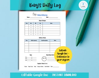 Baby&#39;s Daily Log, EDITABLE, Daycare Nanny Infant Report, Feedings & Diapers Printable, Google Doc, Digital Download