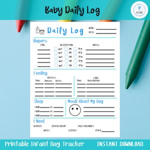 May include: Printable baby daily log tracker with sections for nappies, feeding, sleep, mood, and needs. The tracker has a blue and white colour scheme with a cute baby bottle icon.