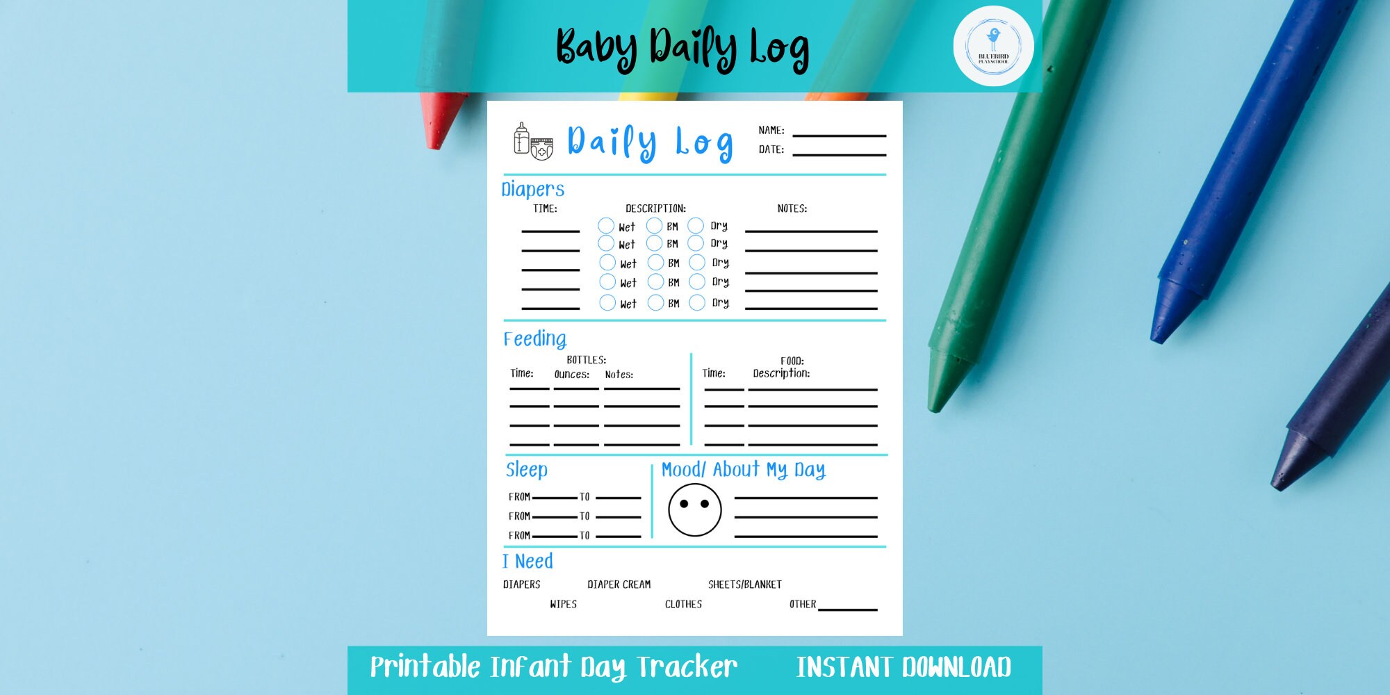 Baby's Daily Log, Daycare Nanny Infant Report, Feedings & Diapers Printable Digital Download