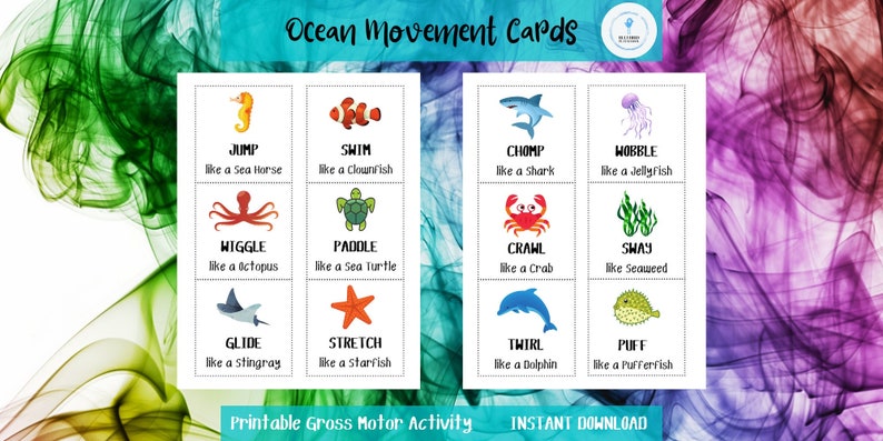 May include: A set of 12 colorful cards featuring ocean animals and corresponding movement verbs. The cards are white with black text and are labeled with the words "Jump", "Swim", "Wiggle", "Paddle", "Glide", "Stretch", "Chomp", "Wobble", "Crawl", "Sway", "Twirl", and "Puff". The cards are labeled with the words "Printable Gross Motor Activity" and "Instant Download".