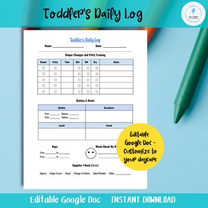 May include: A printable daily log for toddlers, with sections for diaper changes, potty training, bottles, meals, naps, and supplies needed. The document is editable and customizable for daycare use. The text "Editable Google Doc - Customize to your daycare" is in a yellow circle.