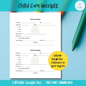 育児領収書、編集可能、在宅デイケア、幼稚園、ビジネス、授業料支払い、Google ドキュメント、即時ダウンロード