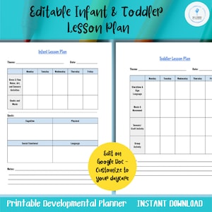 2 Pack - Infant and Toddler EDITABLE Lesson Planners, Home Daycare, Center, Nanny Development Plan, Google Doc
