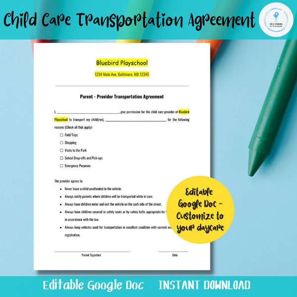 Child Care Transportation Agreement, Customize, Parent-Provider Vehicle Form, Home Daycare, Business, Google Doc Editable, Instant Download