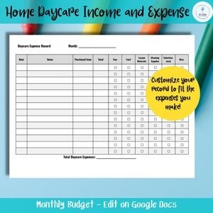 Home Daycare INCOME and EXPENSE RECORD, Monthly Budget Worksheet ...