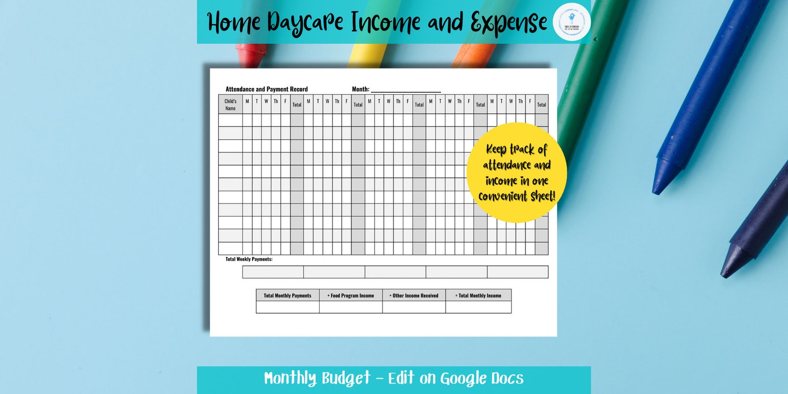 Home Daycare Income and Expense Tracker, Monthly Budget (google Docs