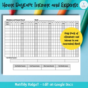 Home Daycare INCOME and EXPENSE RECORD, Monthly Budget Worksheet, Household Expenses, Annual Profit, Taxes, Edit on Google Docs