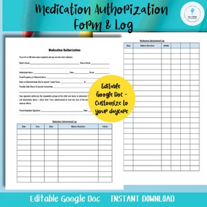 Medication Authorization Form & Log, Editable, Home Daycare, Preschool, Center, childcare Business, Google Doc, Instant Download