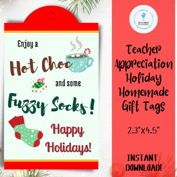 Enjoy a Hot Choc and Fuzzy Socks Printable Gift Tag, Holiday Cute Favor, Teacher Appreciation Christmas Tag, INSTANT DOWNLOAD