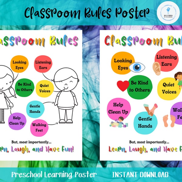 Preschool Classroom Rules Rainbow Poster, 2 sizes 18X24 and 8.5x11, Toddler Daycare Class Learning Printable Visual, INSTANT DOWNLOAD