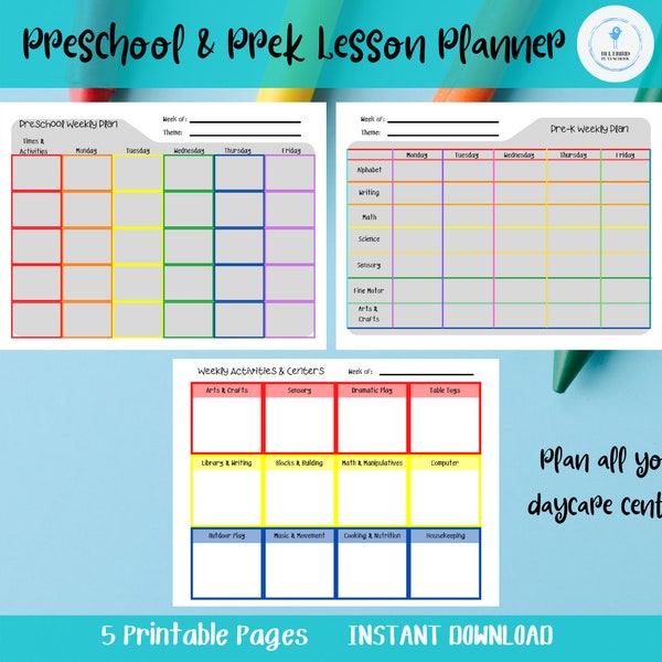 Planificateur de cours hebdomadaire préscolaire préscolaire, calendrier d'activités et plan du centre. Garderie, centre, ressource scolaire à la maison