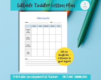 EDITABLE Toddler Weekly Lesson Plan, Home Daycare, Center, Nanny Development Planner. Google Doc