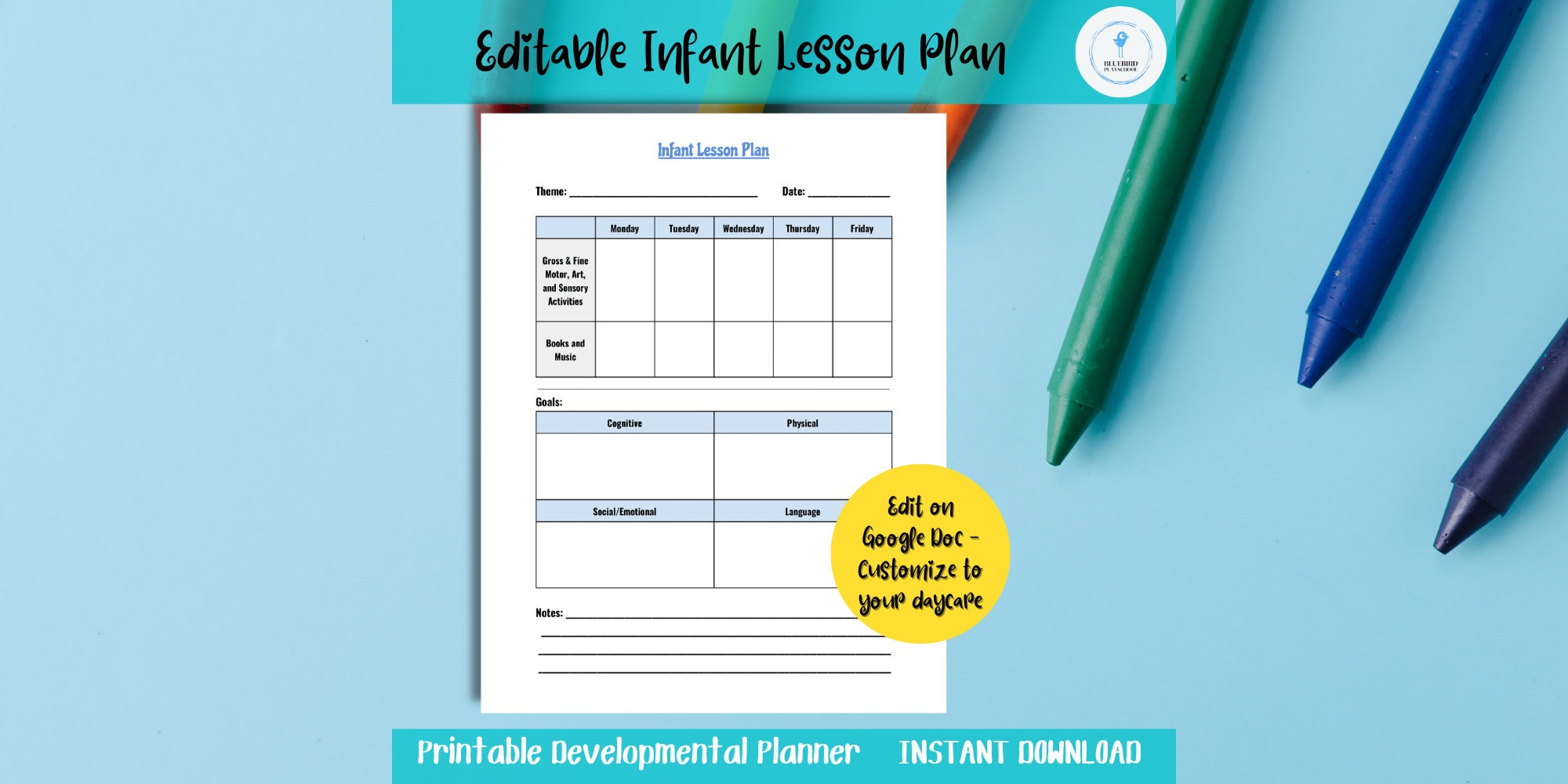 Editable infant weekly lesson plan home daycare center nanny