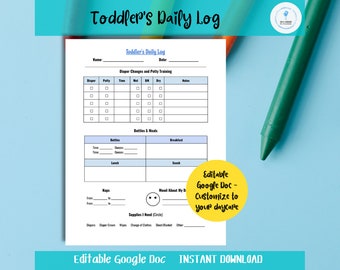 Toddler Daily Log, EDITABLE, Daycare Nanny Babysitter Report, Meals, Diapers, Potty Training Printable, Google Doc, Digital Download