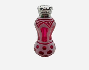 Antique Silver Bohemian Cranberry white double overlay scent perfume bottle