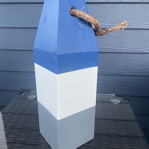 Blue White Gray striped buoy decor Nautical buoy Coastal living Beach house painted buoy wooden with rope accent Coastal themed cedar