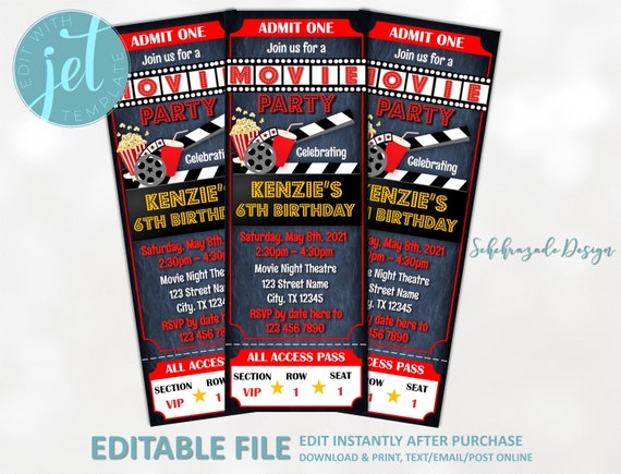 Editable Movie Ticket Birthday Invitation Instant Download - Etsy