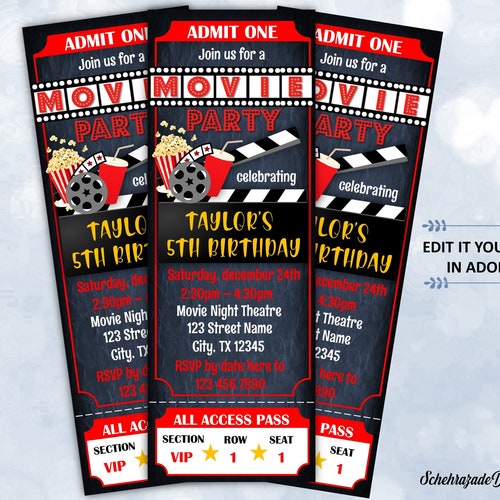 Movie Hollywood Ticket Invitations Birthday Party instant Etsy