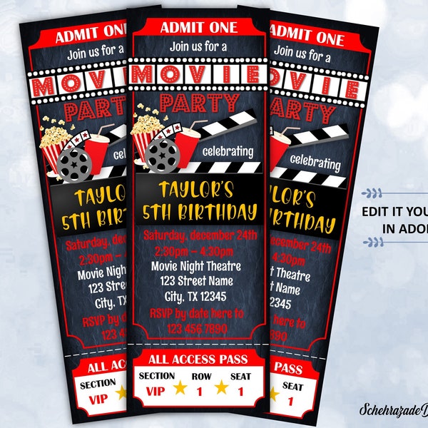 Editable Movie Ticket Birthday Invitation, Movie Party Ticket, Movie Night Invitation, Cinema Invitation, Instant Download,Digital File CH01