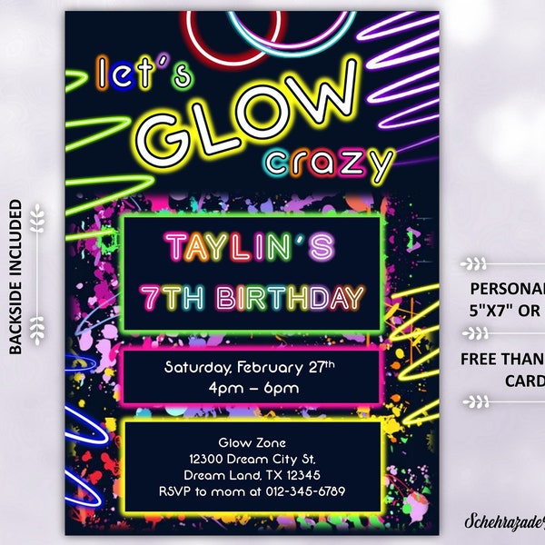 Let's Glow Crazy Birthday Invitation, Neon Glow In The Dark Party, Neon Party Invite, Personalized Invitation, Digital File.