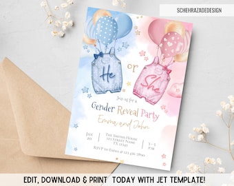 Editable Gender Reveal Invitation, He or She Gender Reveal Party Invitation, Hot Air Balloons Pink And Light Blue Invite, Instant Download