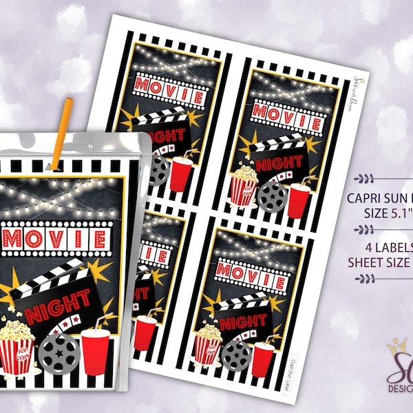 Movie Night Capri Sun Labels, Movie Night Juice Labels, Movie Night Birthday Party, Printable Instant Digital Download CH01.