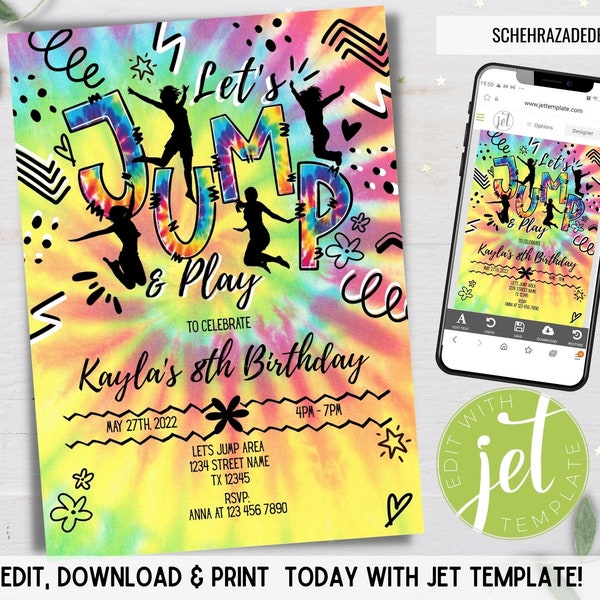 Bewerkbare Jump verjaardagsfeestje uitnodiging, Tie Dye Jump verjaardagsfeestje. Trampoline Party, laten we springen Party Instant Download, digitaal bestand.