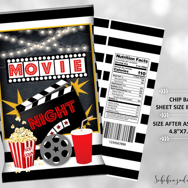 Movie Night Chip Bag, Potato Chip Bag, Movie night Party Favors, Snacks treat Bags, Printable Instant Digital Download CH01