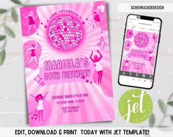 Dance Party Birthday Invitation, Girls Party Invitation, Dance Disco Party Invitation, Pink Disco Party Invite, Editable Instant Download