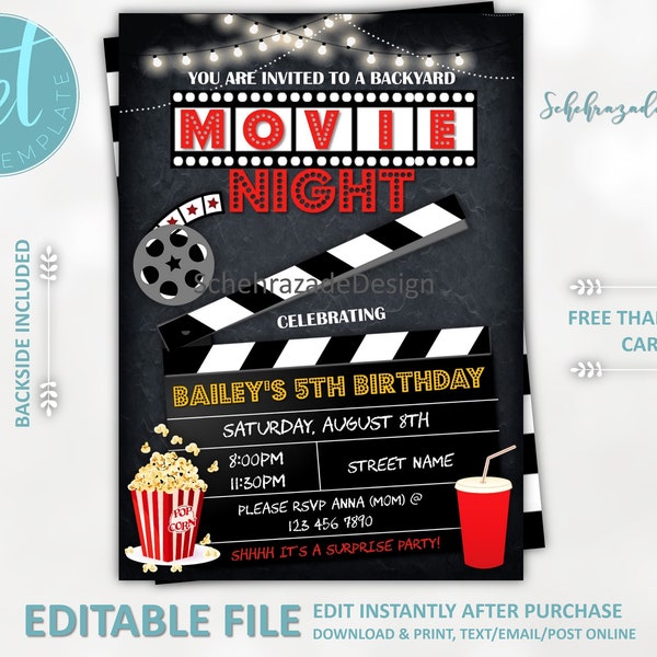 Editable Movie Night Birthday Invitation, Instant Download, Backyard Movie Party, Movie Party Invitation Chalkboard, CH01