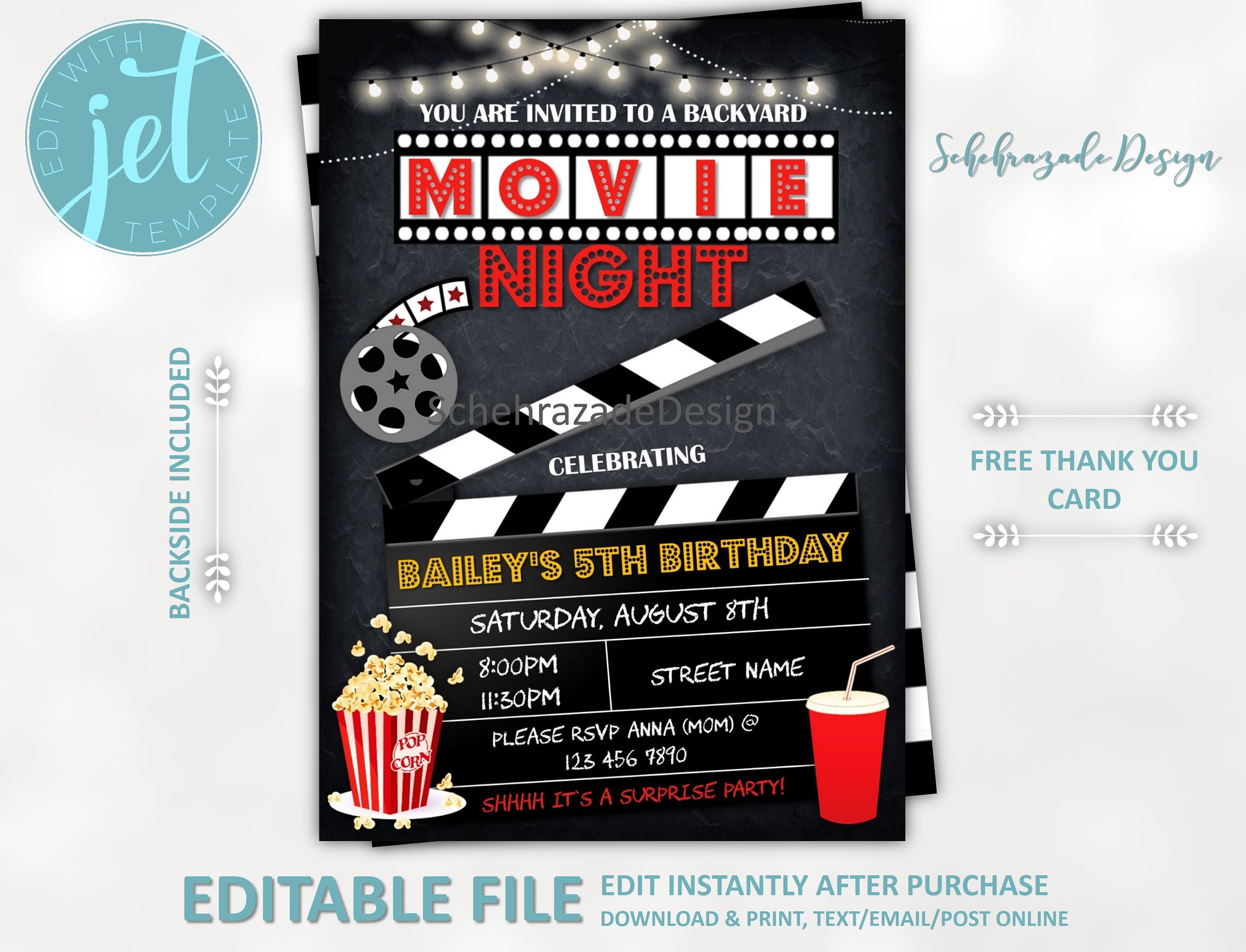 Editable Movie Night Birthday Invitation, Instant Download, Backyard Movie  Party, Movie Party Invitation Chalkboard, CH01 