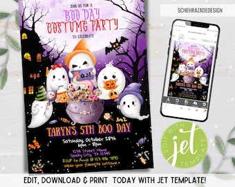 May include: A purple and black Halloween party invitation with a cartoon illustration of ghosts and a cauldron filled with candy. The text reads "Join us for a Boo Day Costume Party to Celebrate Taryn's 5th Boo Day".