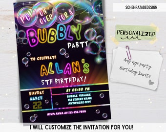 Invitation d'anniversaire à bulles, invitation de fête d'anniversaire de bulles colorées, invitation d'anniversaire Pop On Over, invitation numérique personnalisée.