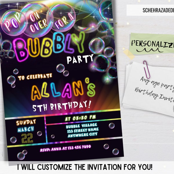 Bubble Birthday Invitation, Colorful Bubbles Birthday Party Invite, Pop On Over Birthday Invitation, Personalized Digital Invitation.