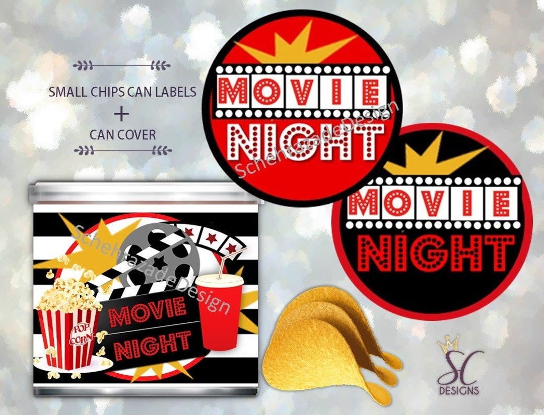 Movie Night Mini Chips Can Labels, Movie Night Snacks Wrapper Party