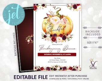 May include: Thanksgiving dinner invitation with a watercolor illustration of a pumpkin with fall flowers and the word "Thankful". The invitation is 5 inches by 7 inches and includes a backside.