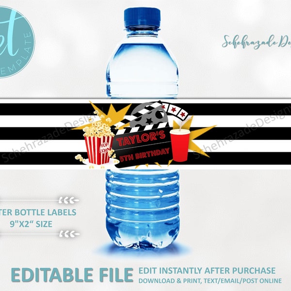 Editable Movie Night Water Bottle Labels, Movie Night Water Bottle Labels Printable, Movie Party Decor, Movie Night Decorations.  CH01