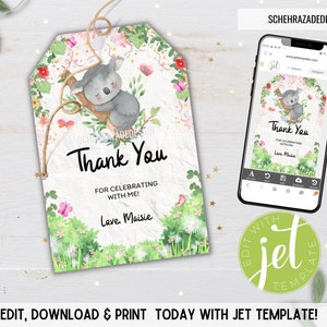 Tag modificabili per bomboniere Koala, tag di ringraziamento Koala, tag per feste Koala, etichette per sacchetti regalo Koala, download istantaneo.