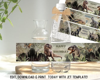 May include: Printable water bottle labels featuring a dinosaur theme. The labels have a green and brown jungle background with dinosaurs and the text "Happy Birthday", "Kevin Turns 7", and "Kevin's Dino Party!"