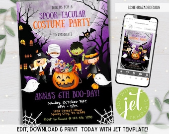 May include: Purple and black Halloween party invitation with a spooky house, a witch, a pirate, a mummy, a zombie, and a ghost. The text reads "Join us for a Spook-tacular Costume Party to celebrate Anna's 6th Boo-Day!" and includes the date, time, and RSVP information.