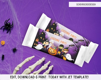 May include: Two printable Halloween candy bar wrappers with a purple background and a moon. The wrappers feature a spooky house, a ghost, a pumpkin, and children dressed in costumes. The text on the wrappers reads "Costume Party".