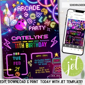 Editable Arcade Bowling Invitation, Rainbow Glow Bowling Arcade Games Invite, Colorful Party, Instant Download, Jet Template Digital File image 1