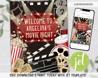 May include: A printable movie night party invitation with a red and white striped popcorn bucket, a red cup with a straw, a film reel, and a clapperboard. The invitation says "Welcome to Angelina's Movie Night".