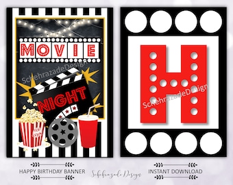 Movie Night Birthday Banner, Movie Birthday Garland, Movie Party Decoration, Movie Party Printable, INSTANT DOWNLOAD  CH01