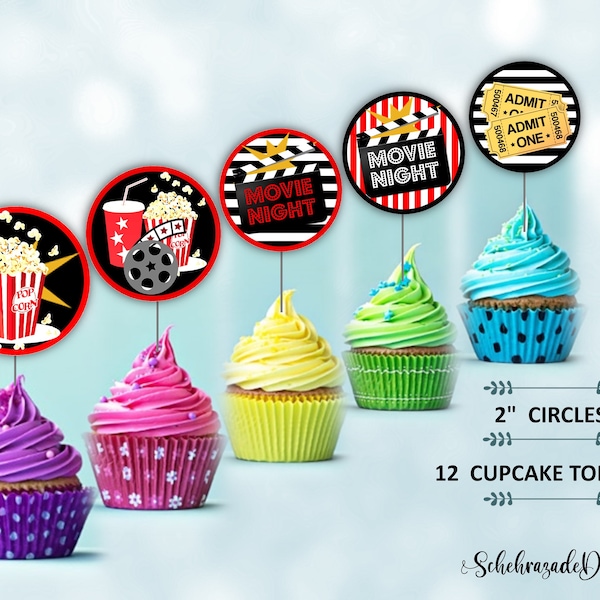 Movie Night Cupcake Toppers, Movie Night Party Favors, Movie Night Decorations, Digital File. CH01